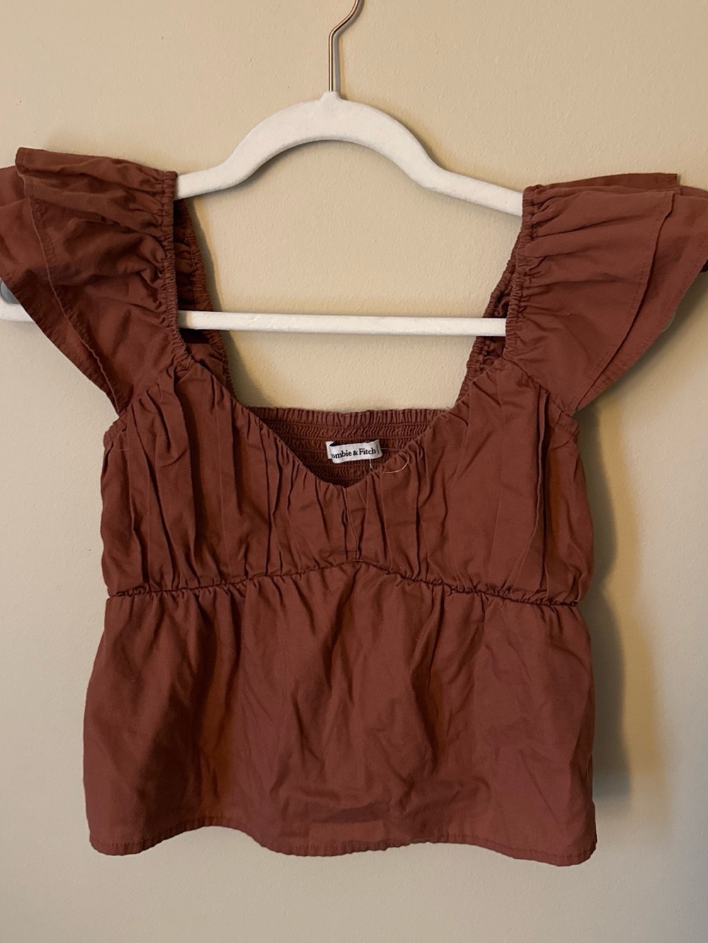 Abercrombie & Fitch Rust Brown Smocked Flutter Sleeve Crop Top